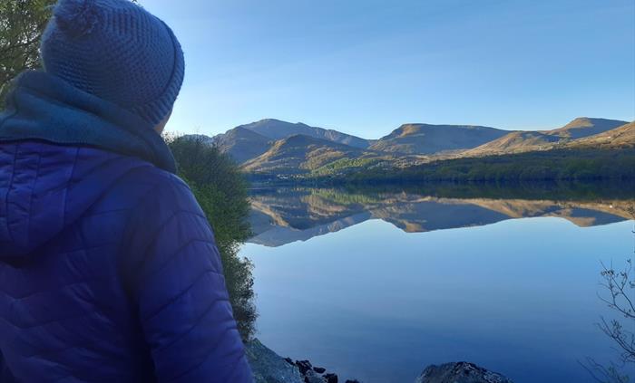 Beautiful scenery of the mountains of Llanberis reflected in the lake